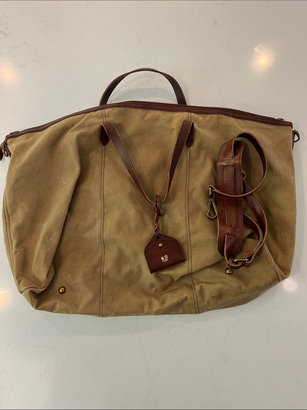 Madewell Canvas Travel Duffel with Brown Leather Trim and Shoulder Strap